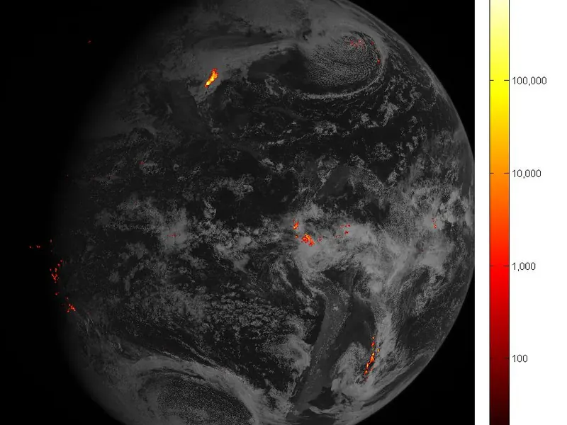 A map of the Americas speckled with bright dots of lightning